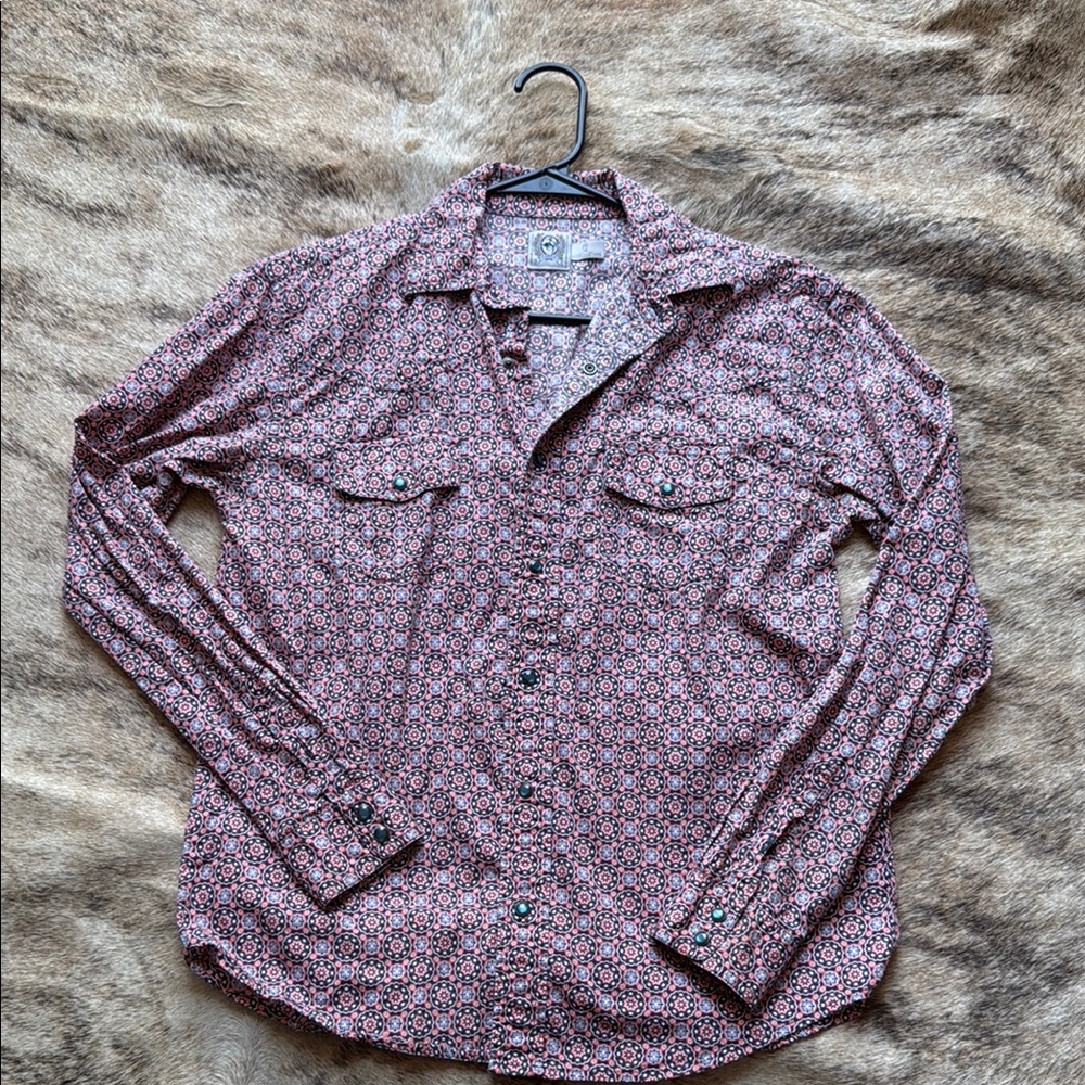 Cinch Orange and Blue Button Down Shirt with Geometric Pattern